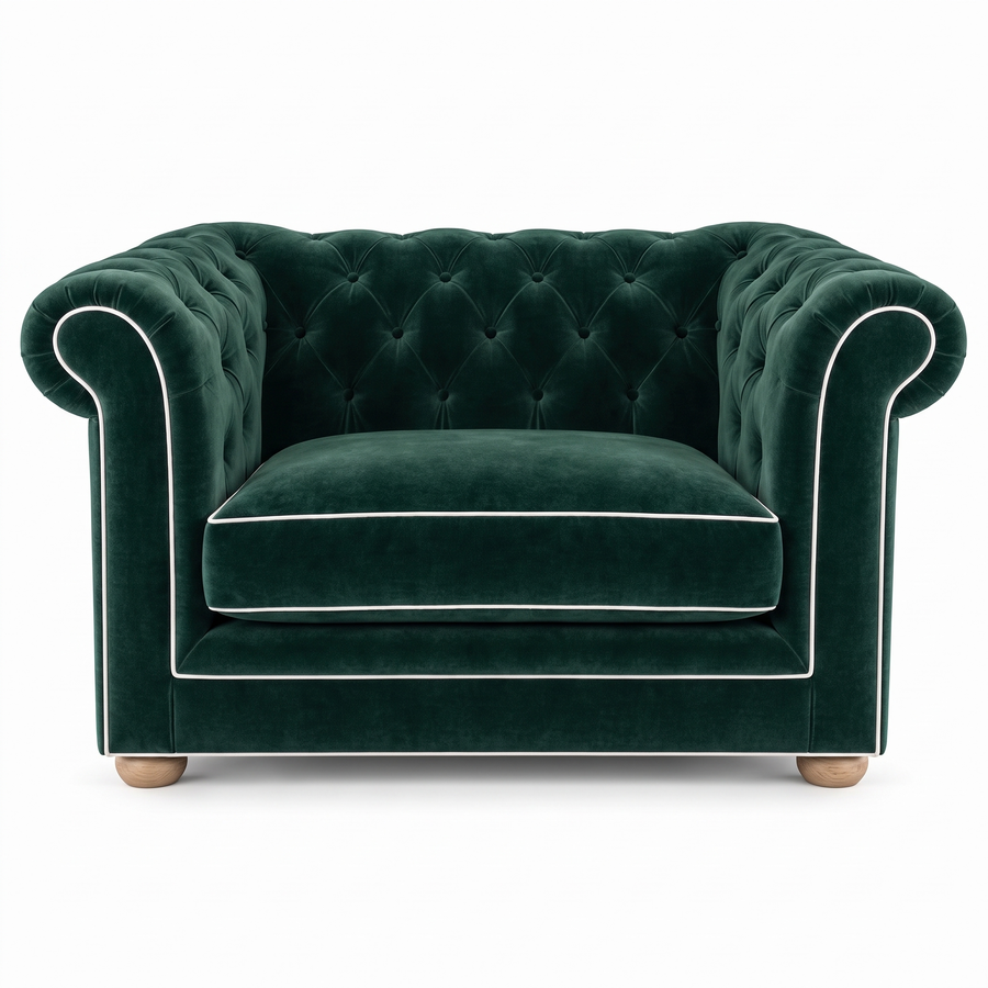 Chesterfield loveseat in forest green velvet with white piping, front view
