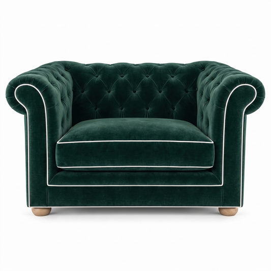 Chesterfield loveseat in forest green velvet with white piping, front view