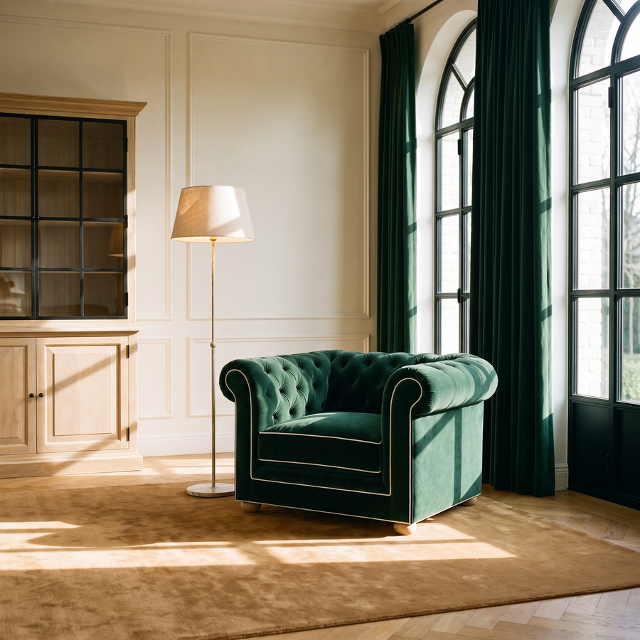 Chesterfield loveseat in forest green velvet with white piping in a classic living room