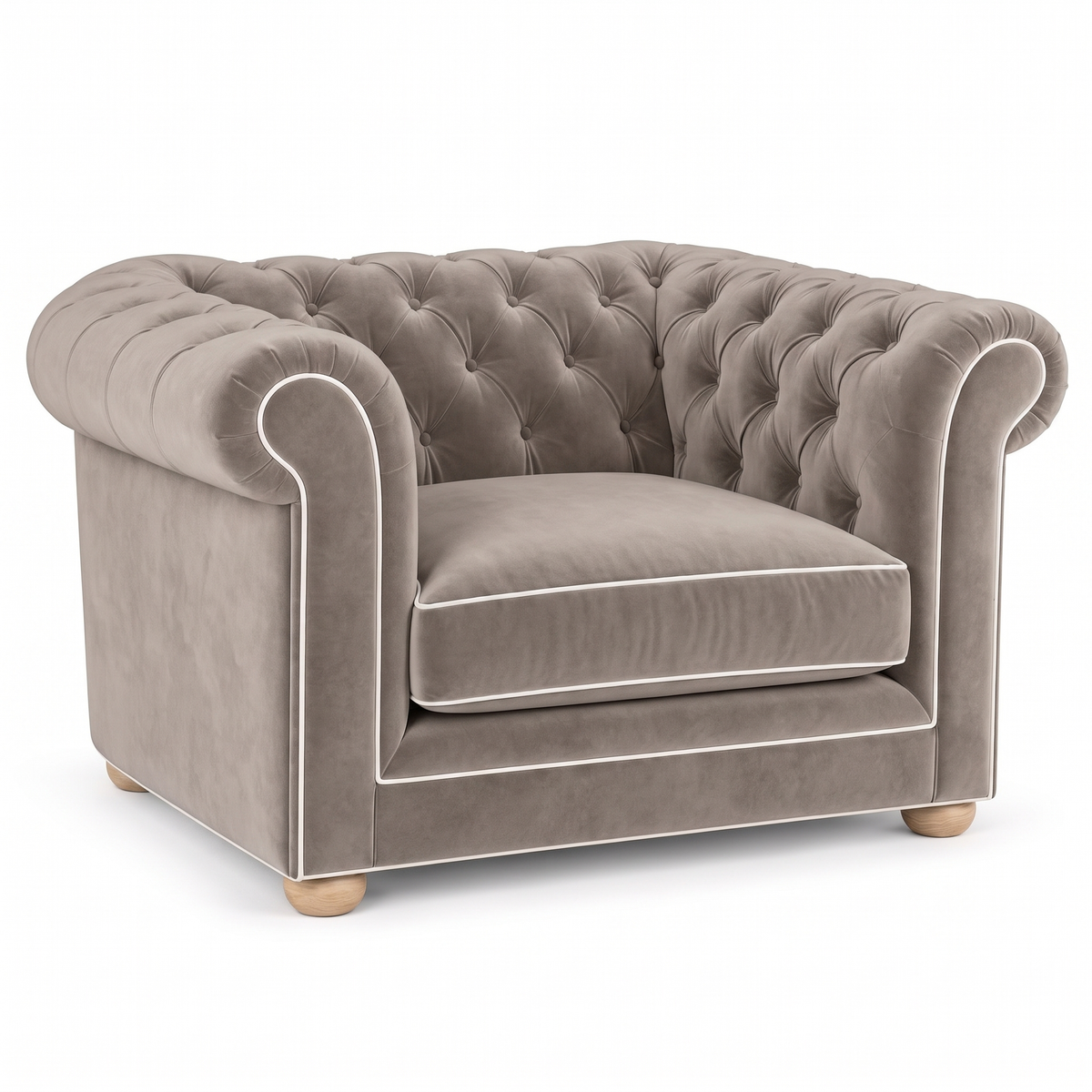 Chesterfield loveseat in greige velvet with white piping, three-quarter view