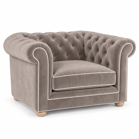 Chesterfield loveseat in greige velvet with white piping, three-quarter view