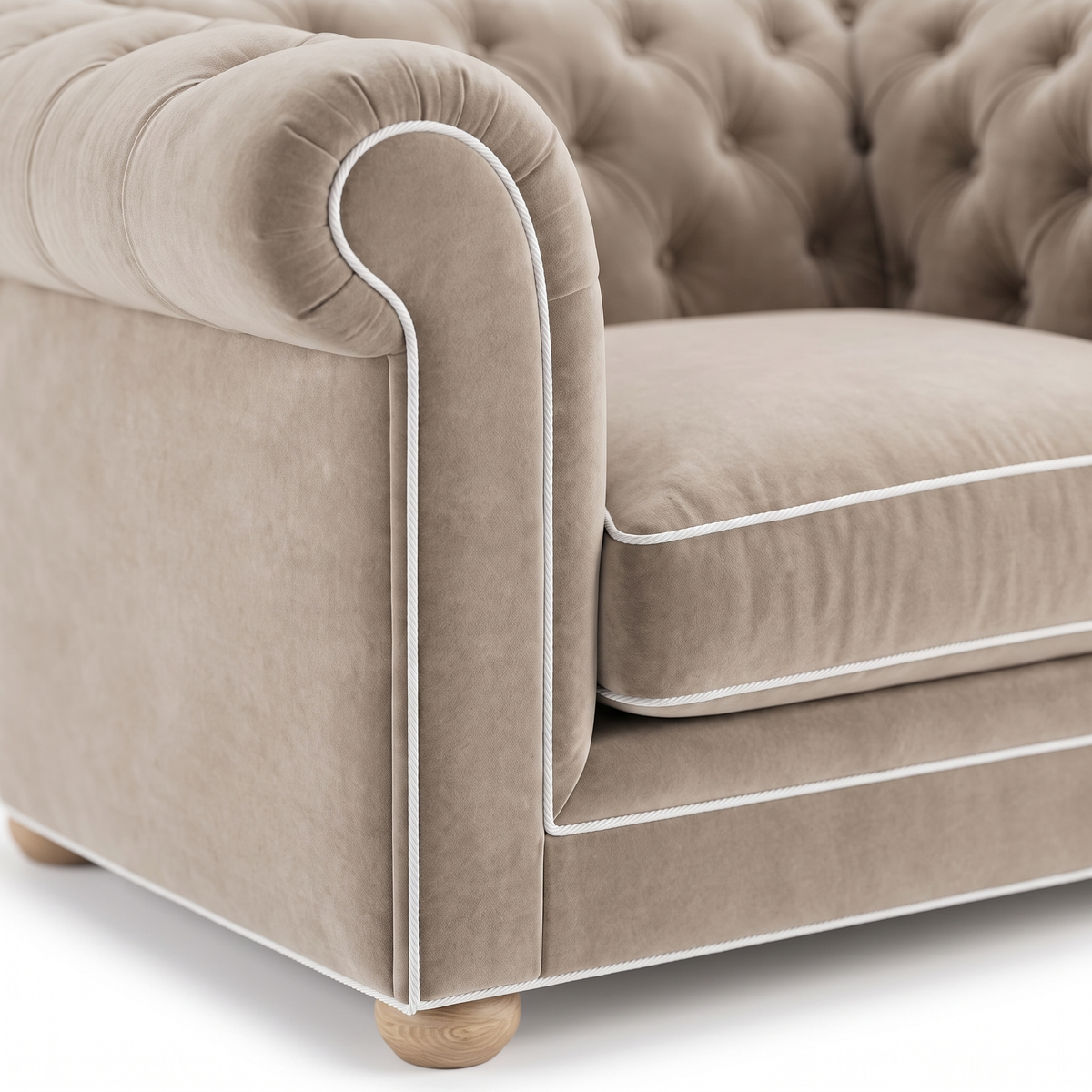 Chesterfield loveseat in greige velvet with white piping, velvet and piping detail