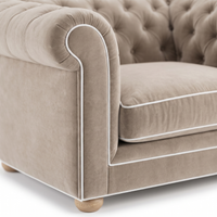 Chesterfield loveseat in greige velvet with white piping, velvet and piping detail