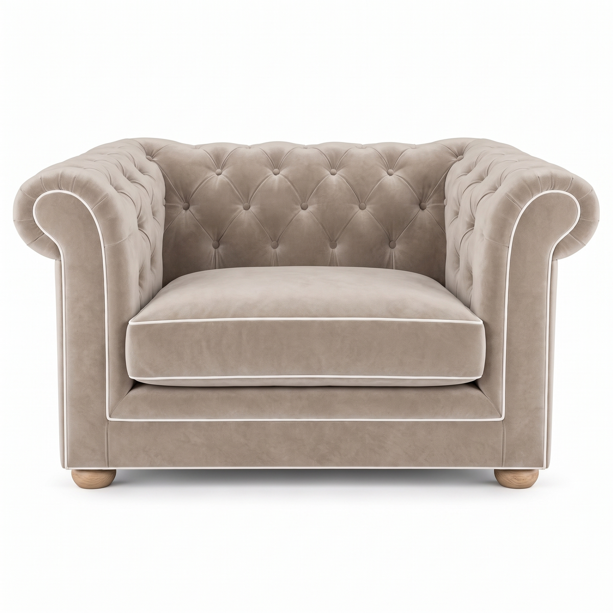 Chesterfield loveseat in greige velvet with white piping, front view