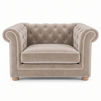Chesterfield loveseat in greige velvet with white piping, front view