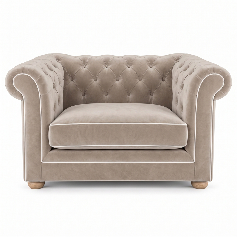 Chesterfield loveseat in greige velvet with white piping, front view