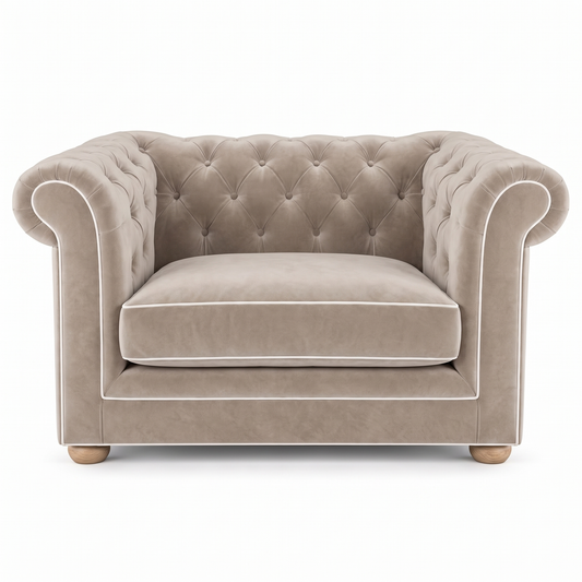 Chesterfield loveseat in greige velvet with white piping, front view