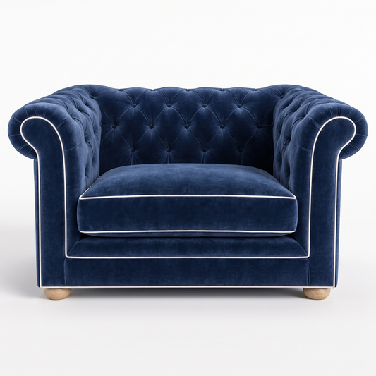 Chesterfield loveseat in navy blue velvet with white piping, front view