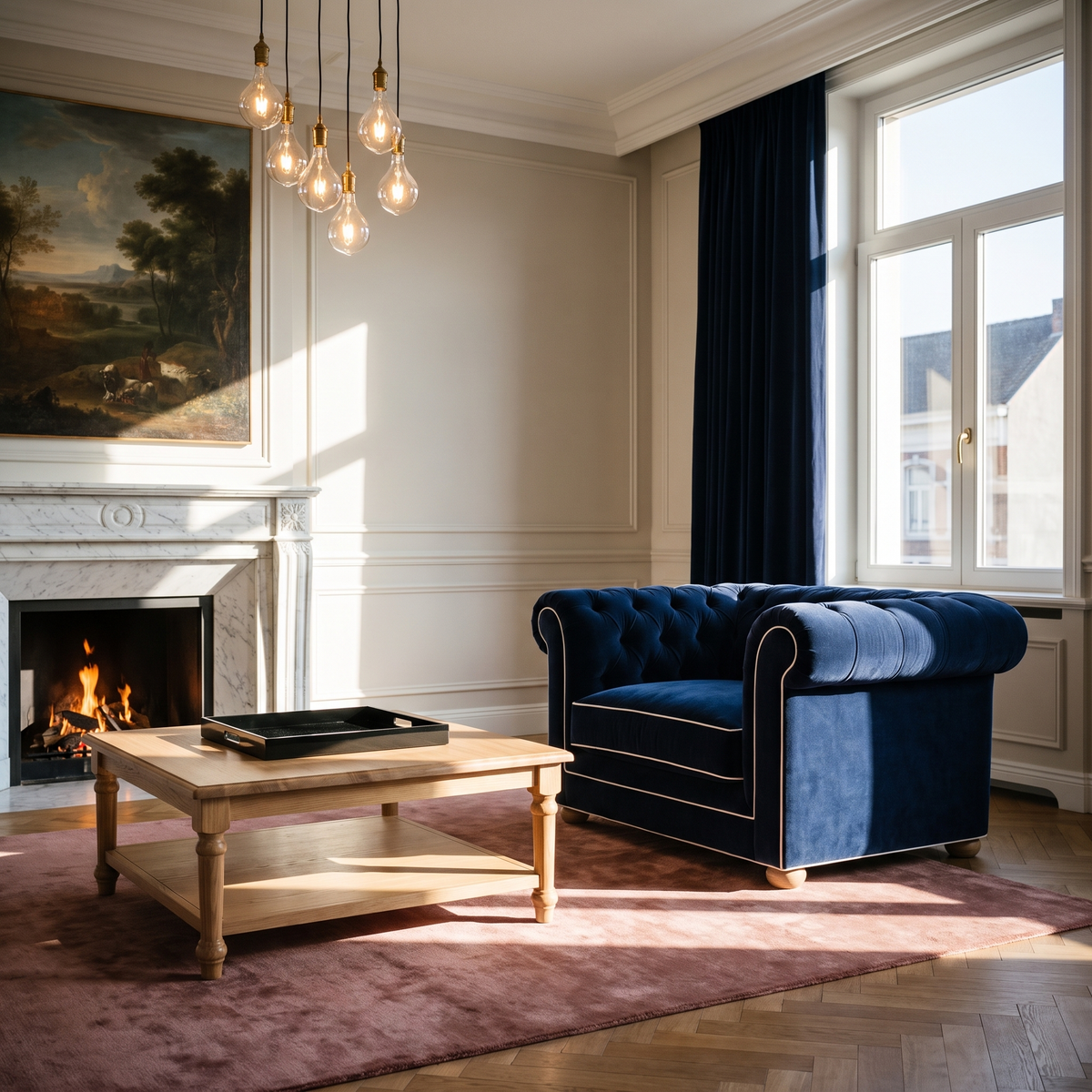 Chesterfield loveseat in navy blue velvet with white piping in a classic living room