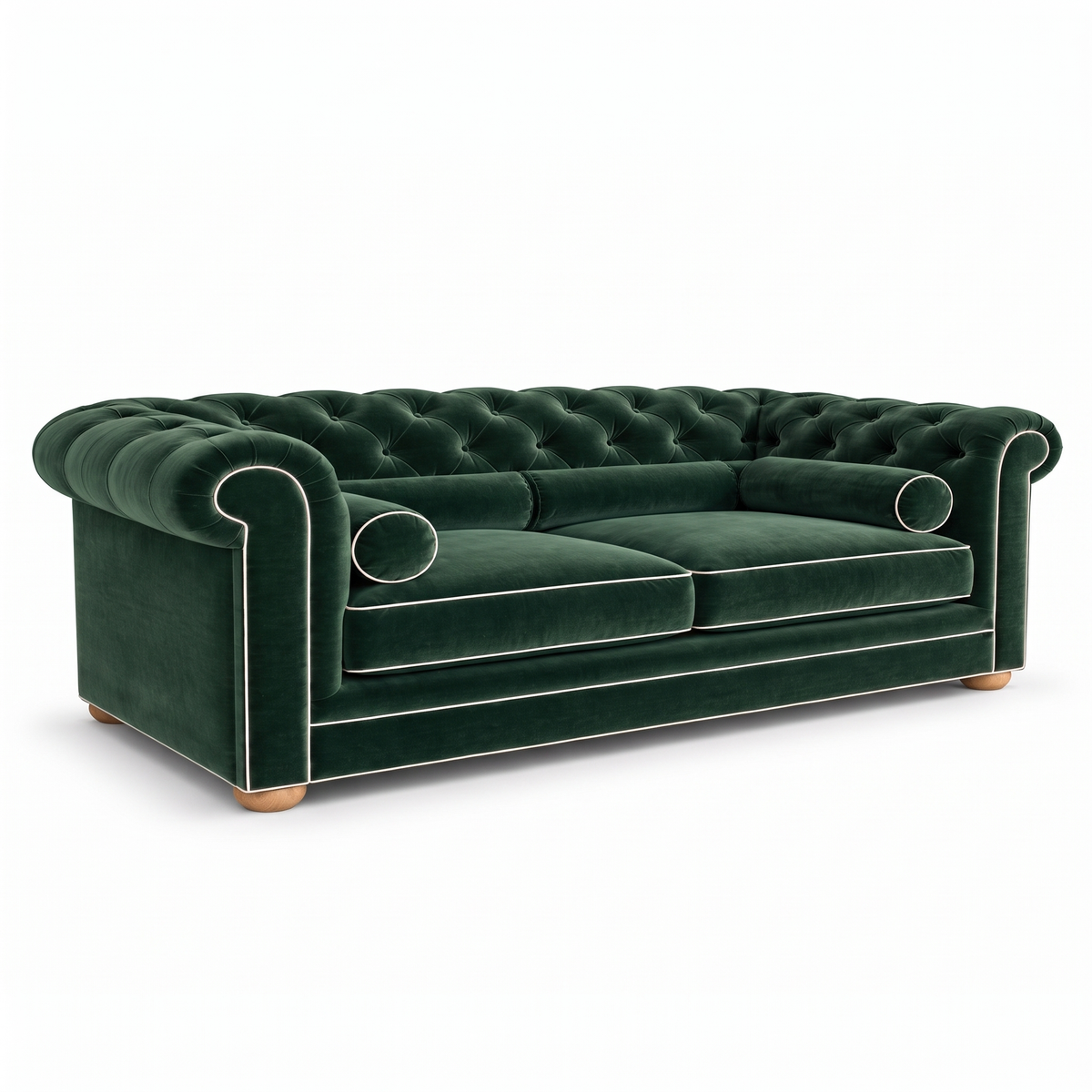 Chesterfield sofa in forest green velvet with white piping, three-quarter view