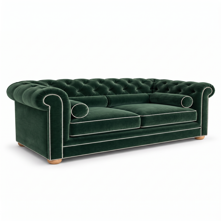 Chesterfield sofa in forest green velvet with white piping, three-quarter view