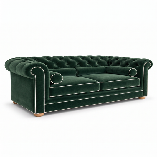 Chesterfield sofa in forest green velvet with white piping, three-quarter view