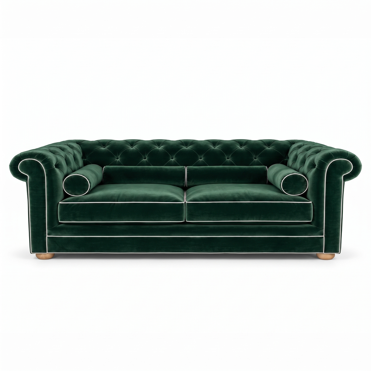 Chesterfield sofa in forest green velvet with white piping, front view
