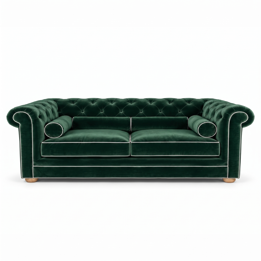Chesterfield sofa in forest green velvet with white piping, front view