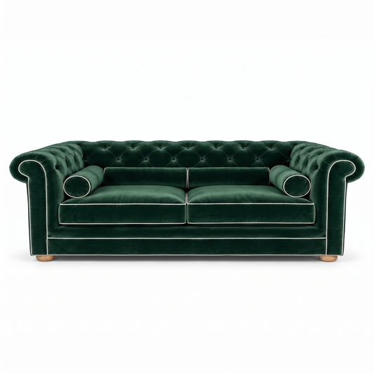 Chesterfield sofa in forest green velvet with white piping, front view
