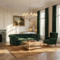 Chesterfield sofa in forest green velvet with white piping in a classic living room