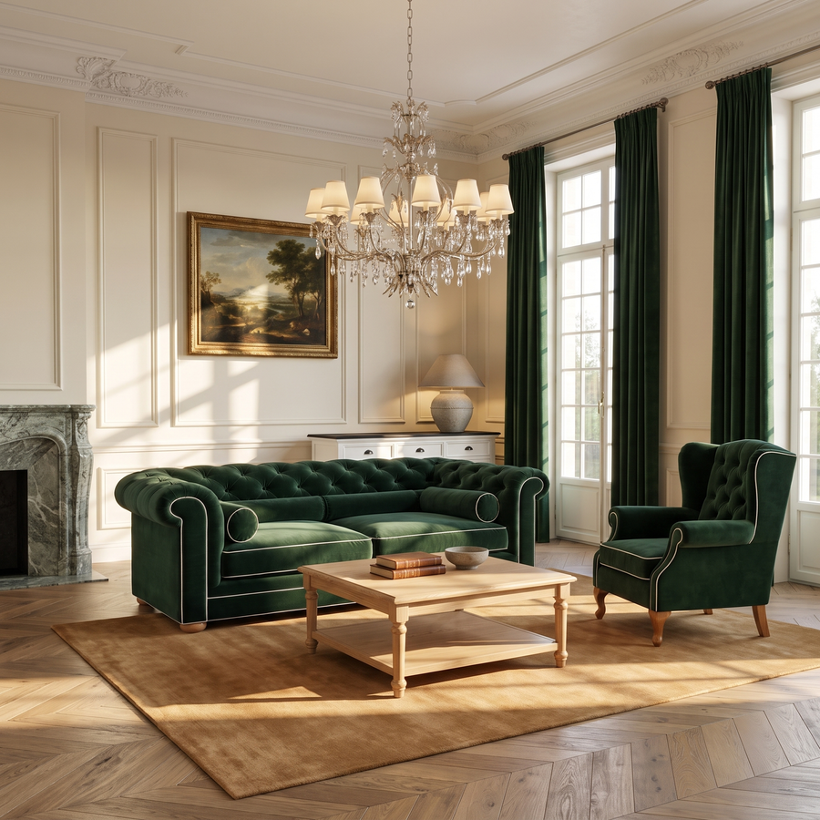 Chesterfield sofa in forest green velvet with white piping in a classic living room