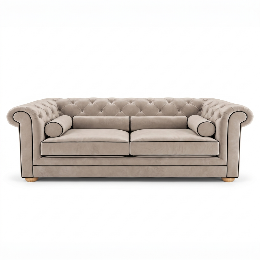 Chesterfield sofa in greige velvet with black piping, front view