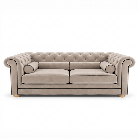 Chesterfield sofa in greige velvet with black piping, front view