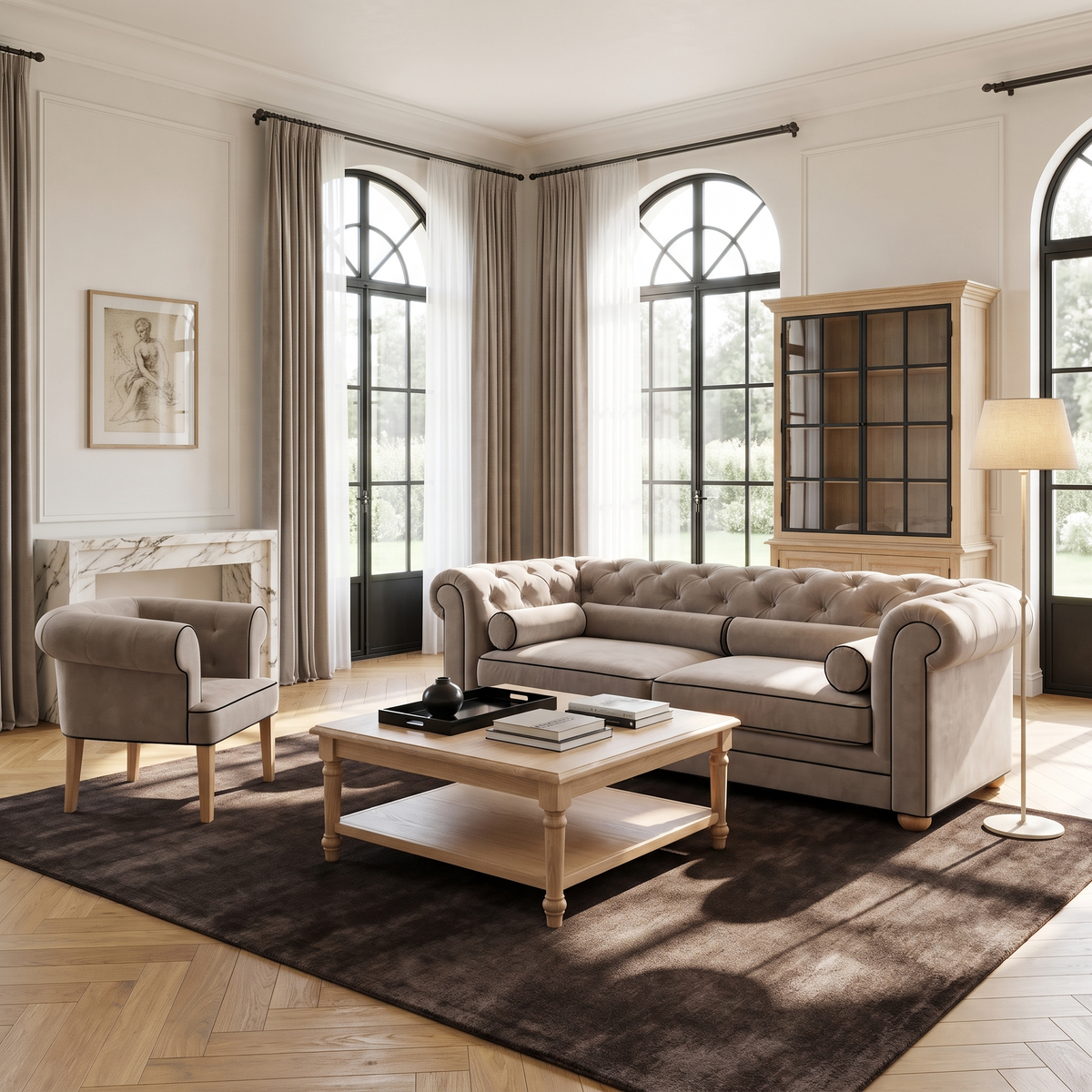 Chesterfield sofa in greige velvet with black piping in a classic living room