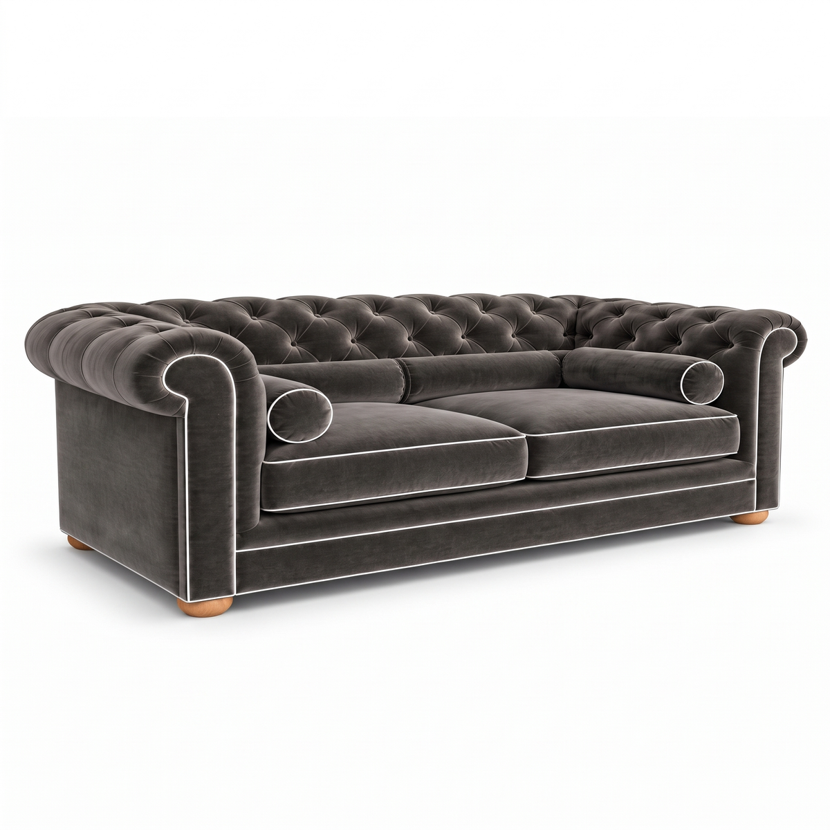 Chesterfield sofa in grey velvet with white piping, three-quarter view
