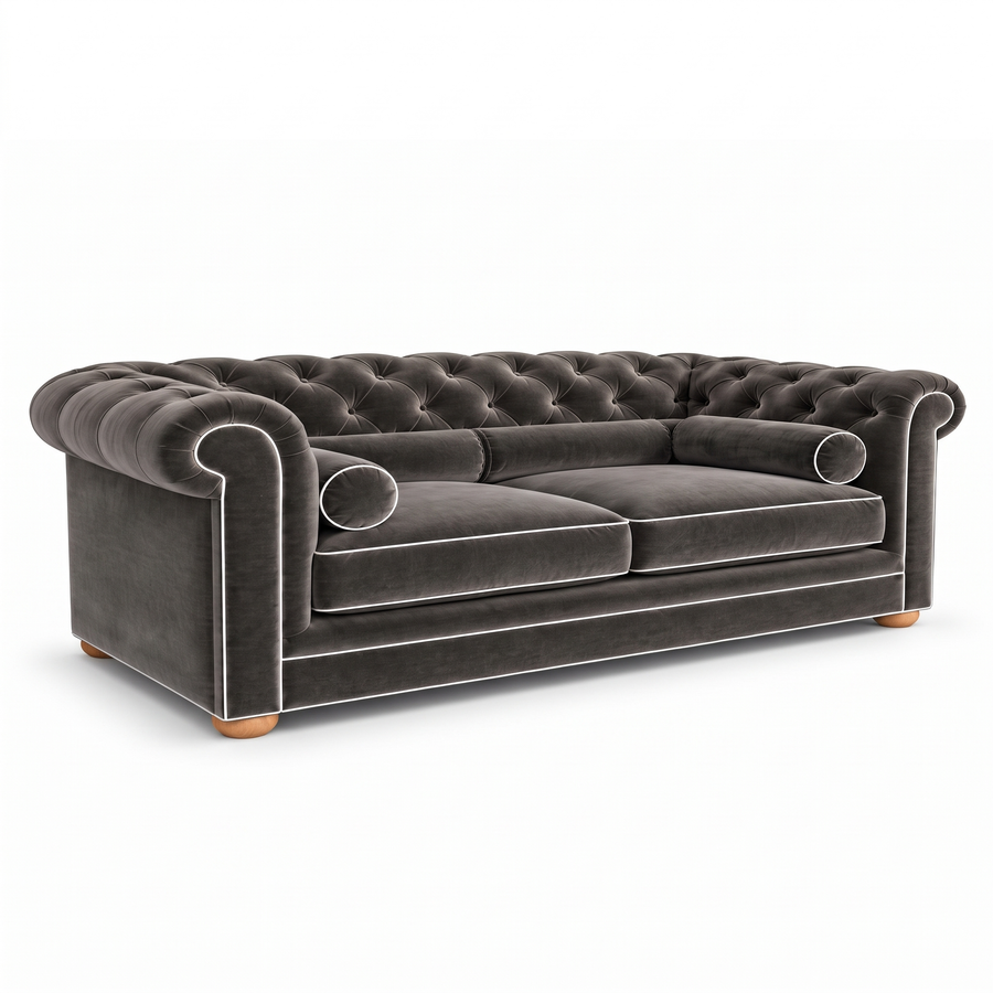 Chesterfield sofa in grey velvet with white piping, three-quarter view