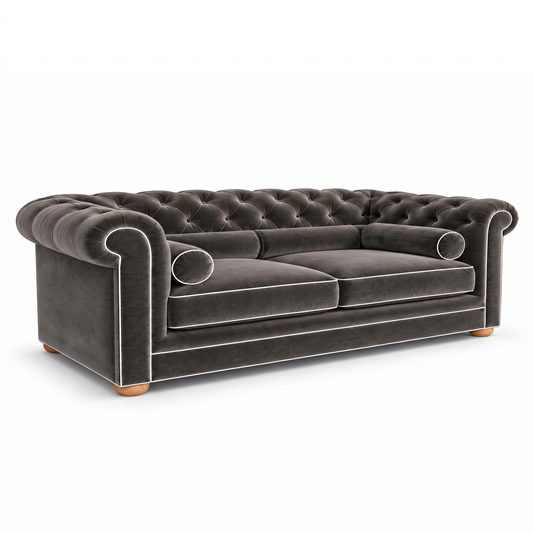 Chesterfield sofa in grey velvet with white piping, three-quarter view