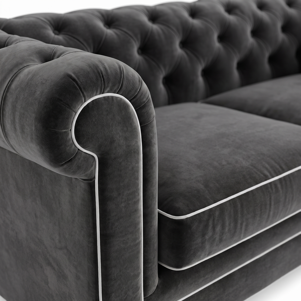 Chesterfield sofa in grey velvet with white piping, velvet and piping detail