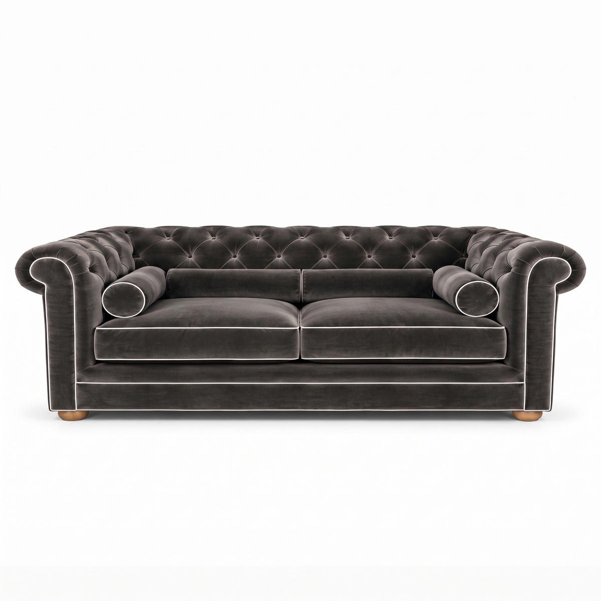 Chesterfield sofa in grey velvet with white piping, front view