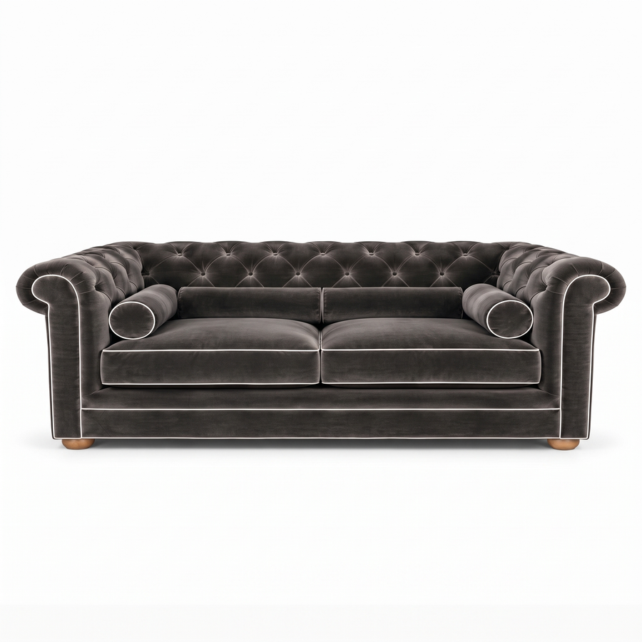 Chesterfield sofa in grey velvet with white piping, front view