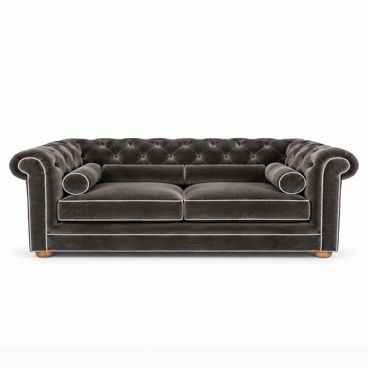 Chesterfield sofa in grey velvet with white piping, front view