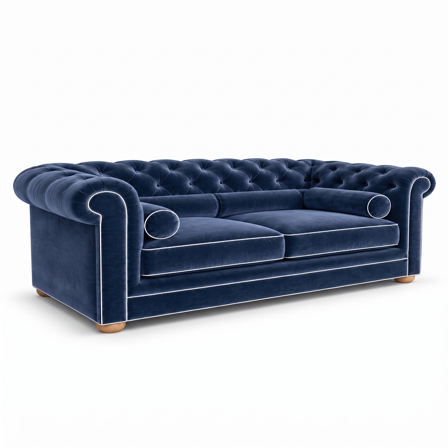 Chesterfield sofa in navy blue velvet with white piping, three-quarter view