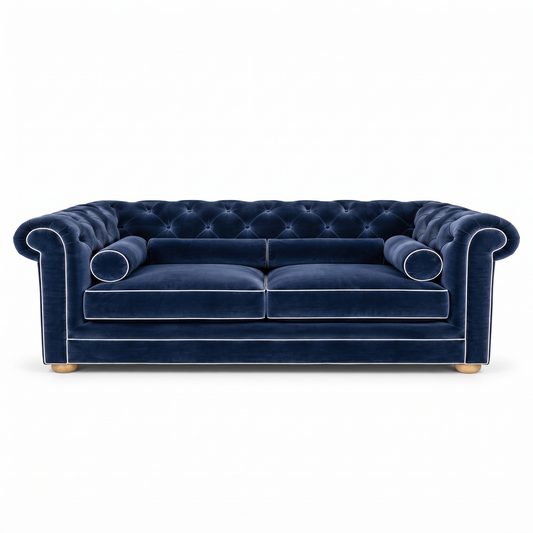 Chesterfield sofa in navy blue velvet with white piping, front view