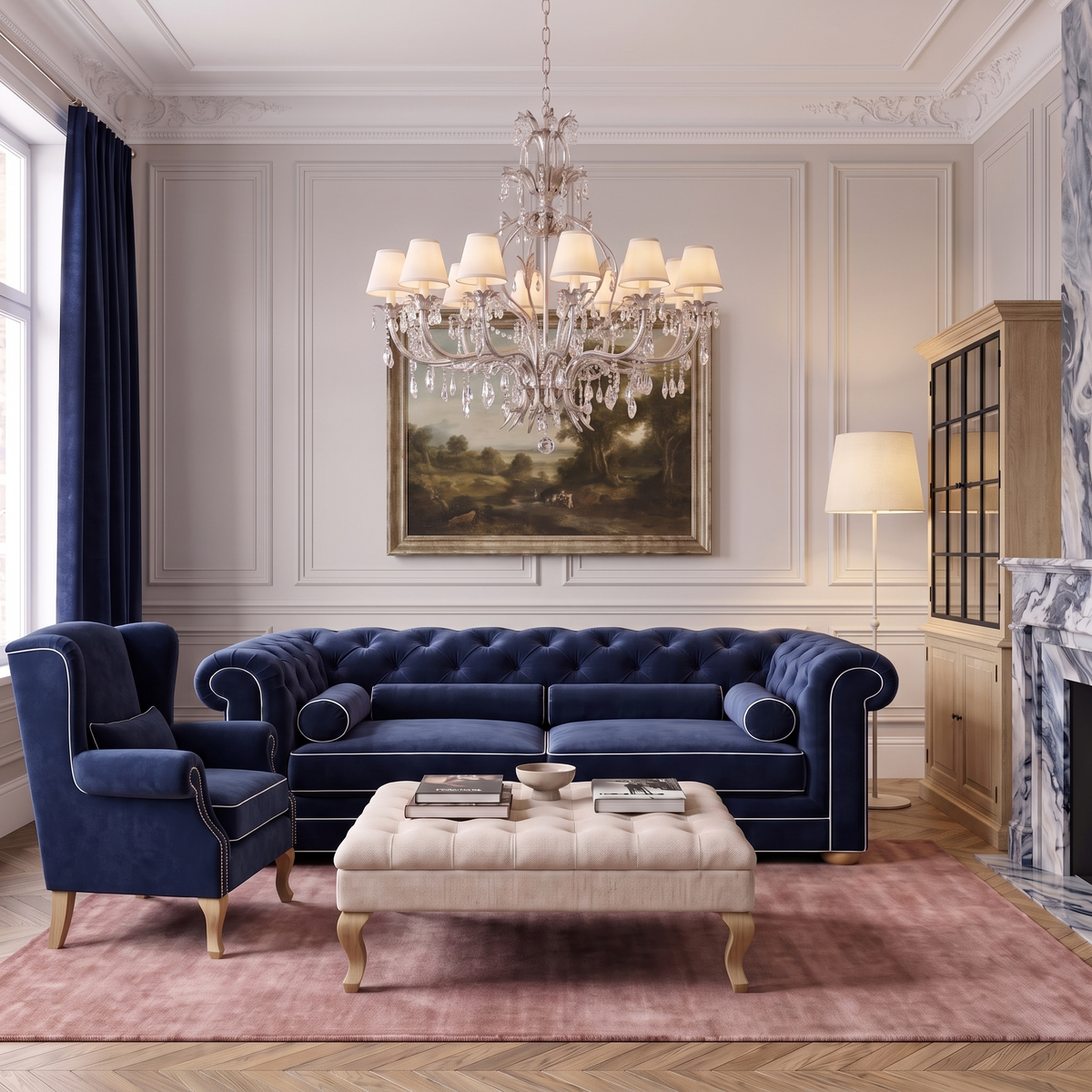 Chesterfield sofa in navy blue velvet with white piping in a classic living room