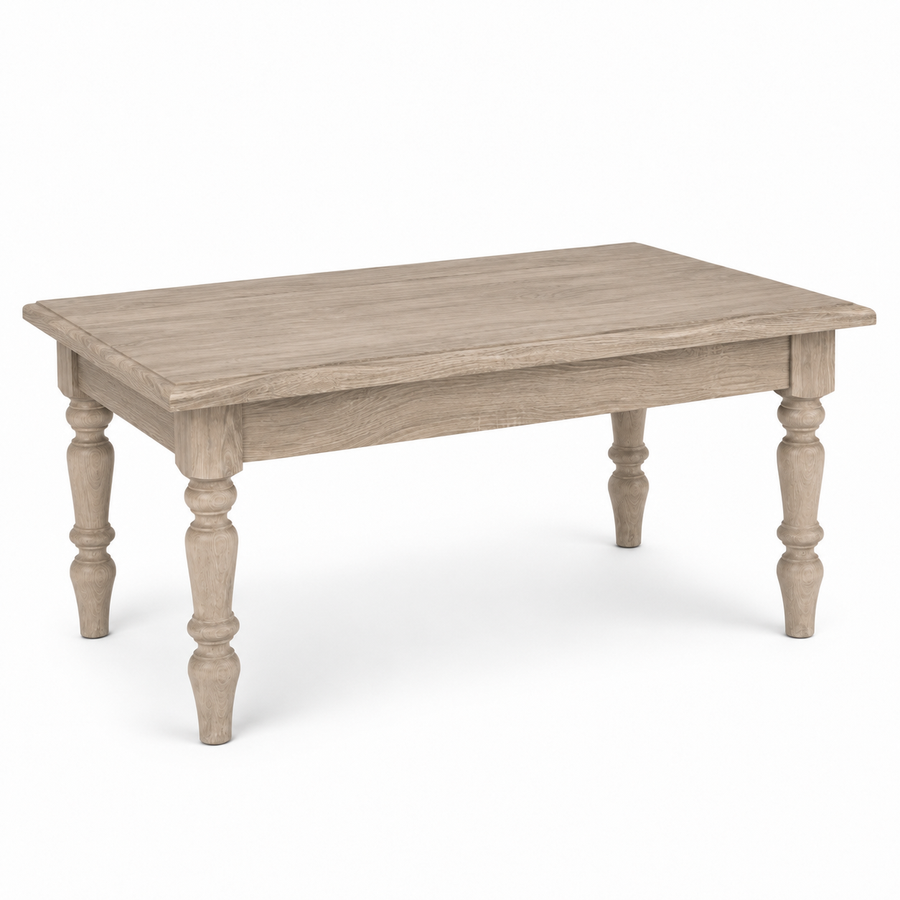 Pomerol coffee table in solid oak, three-quarter angle view