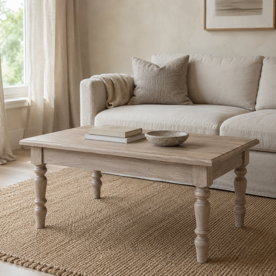 Pomerol coffee table in solid oak styled in a living room