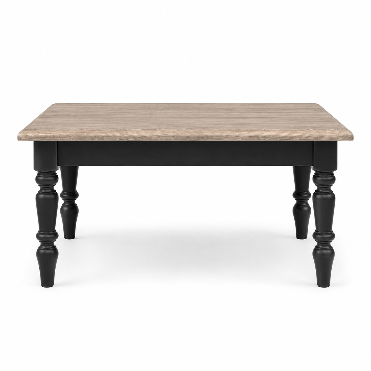 Pomerol coffee table in black with oak top, front view on white background