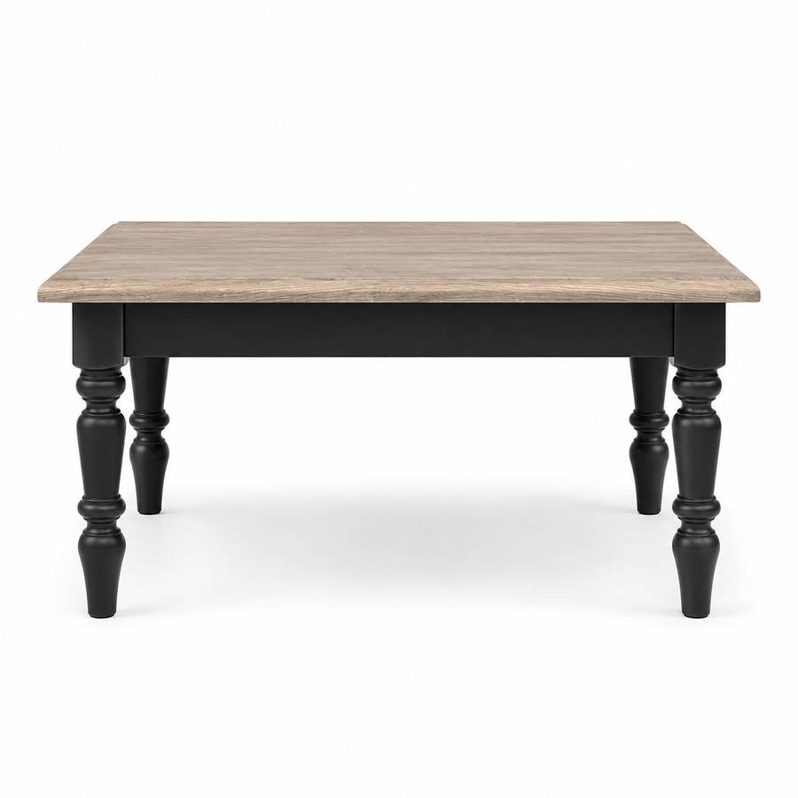 Pomerol coffee table in black with oak top, front view on white background
