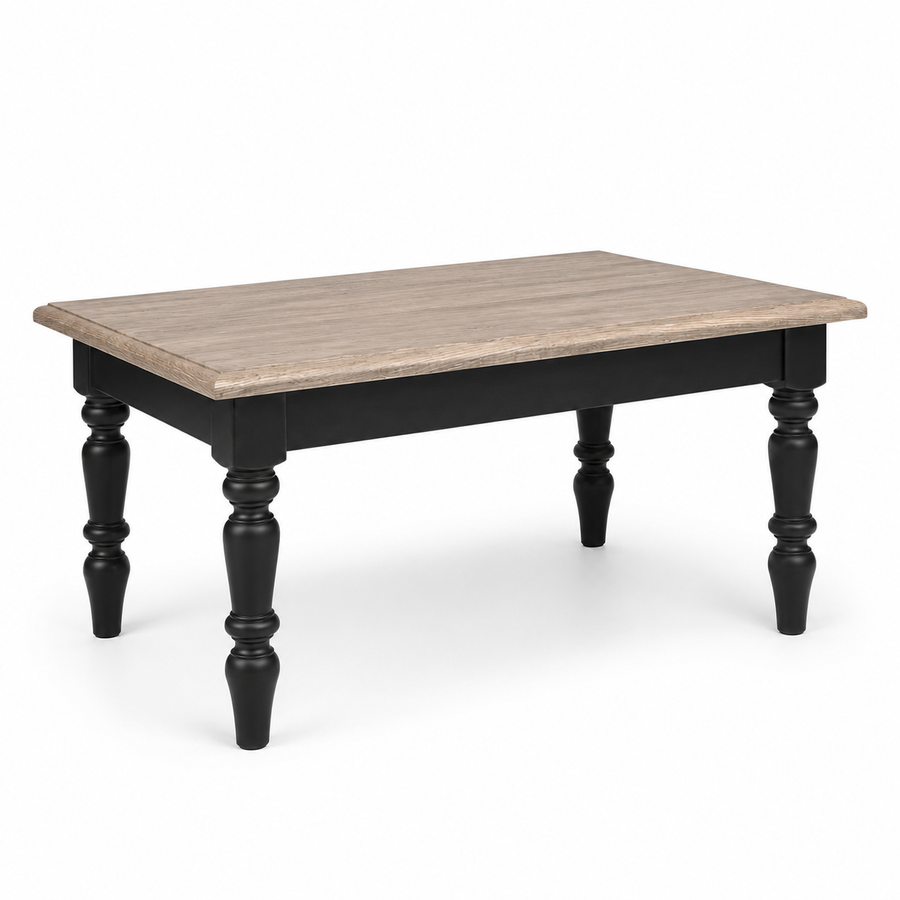 Pomerol coffee table in black with oak top, three-quarter angle view