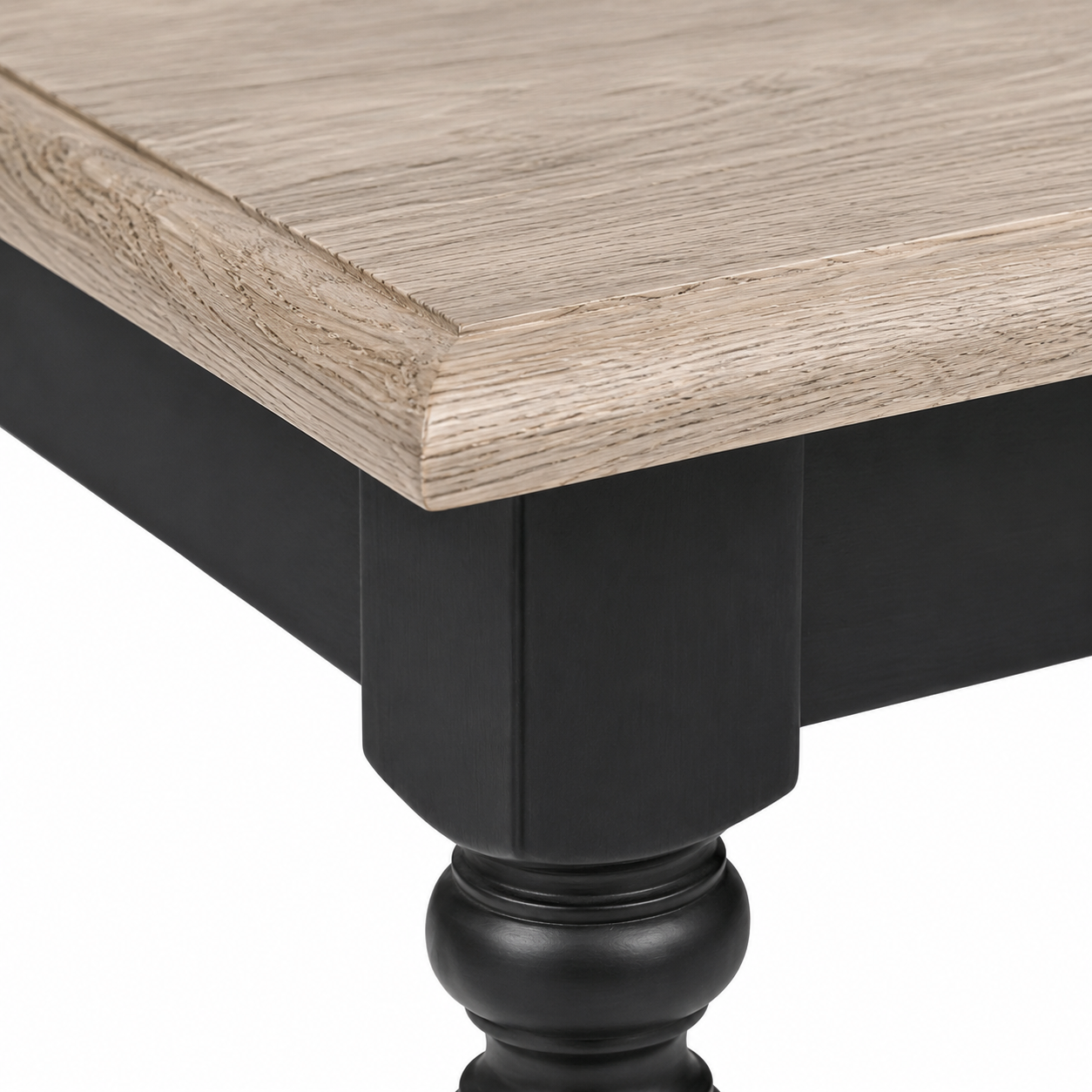Close-up of the black paint and oak top detailing of the Pomerol coffee table