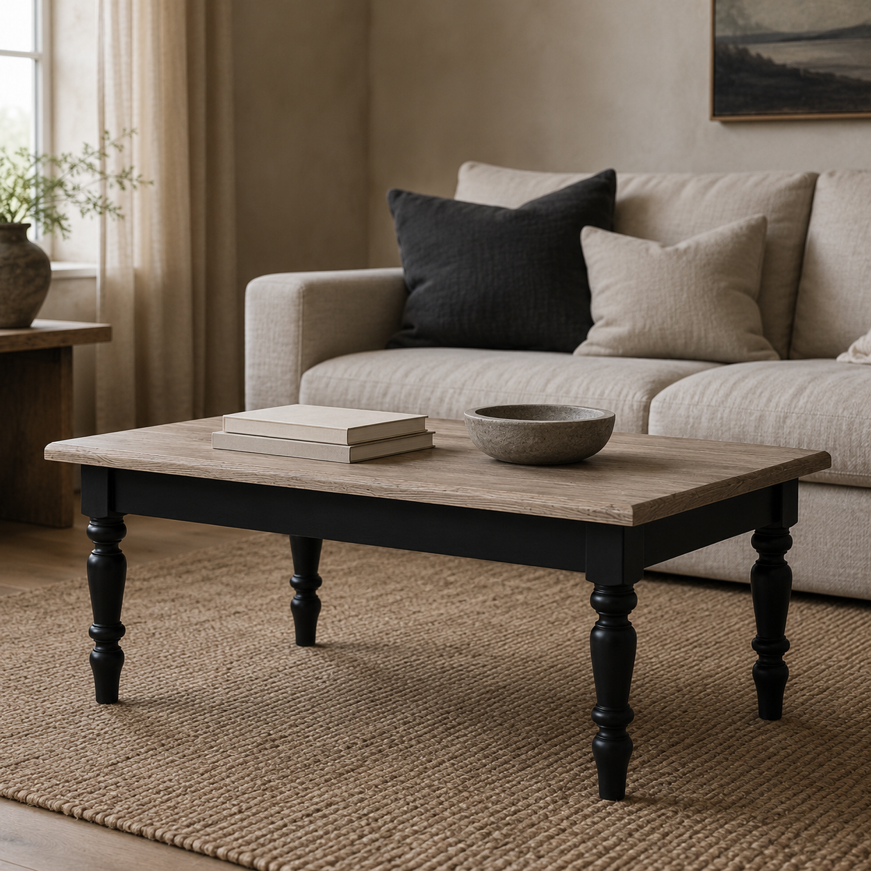 Pomerol coffee table in black with oak top styled in a living room