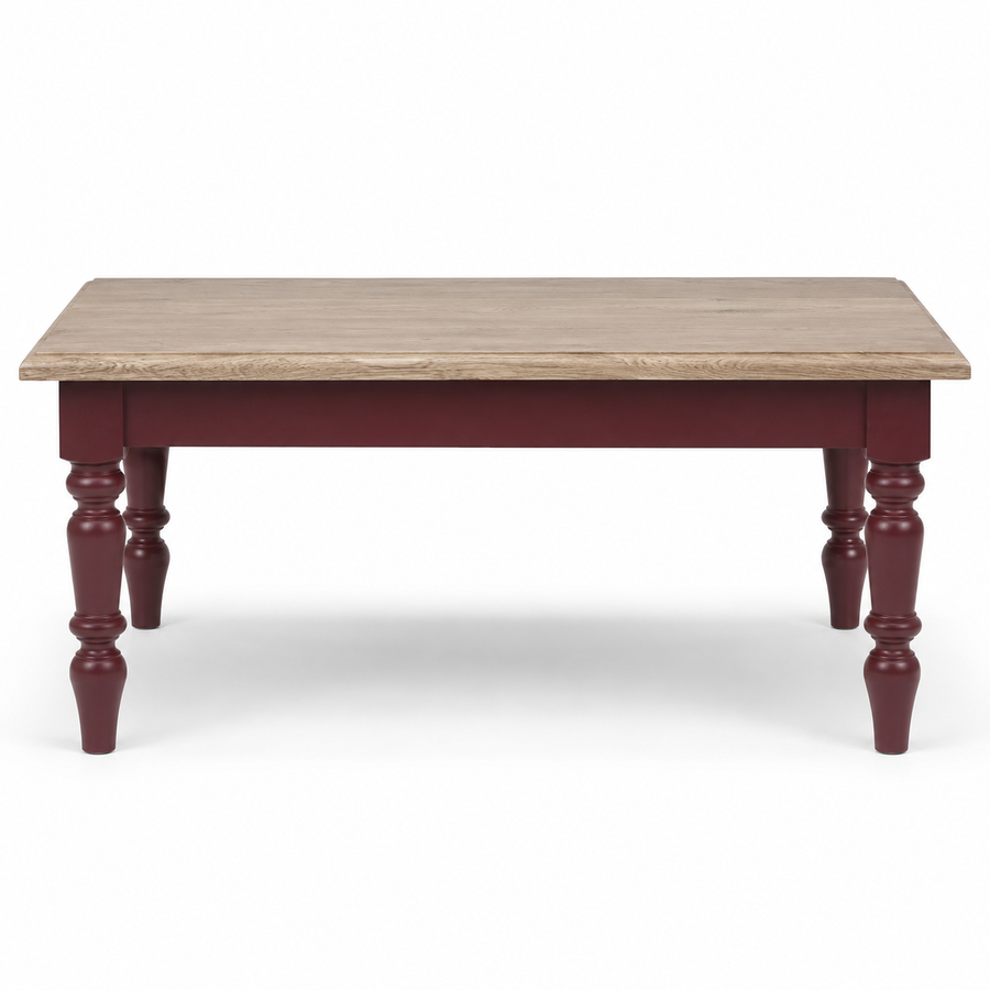 Pomerol coffee table in bordeaux with oak top, front view on white background