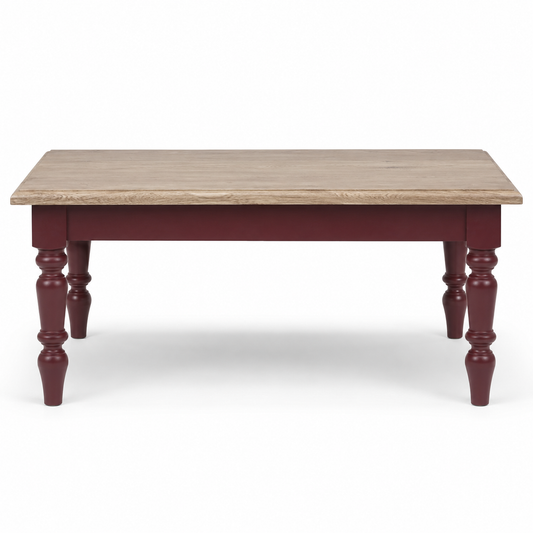 Pomerol coffee table in bordeaux with oak top, front view on white background
