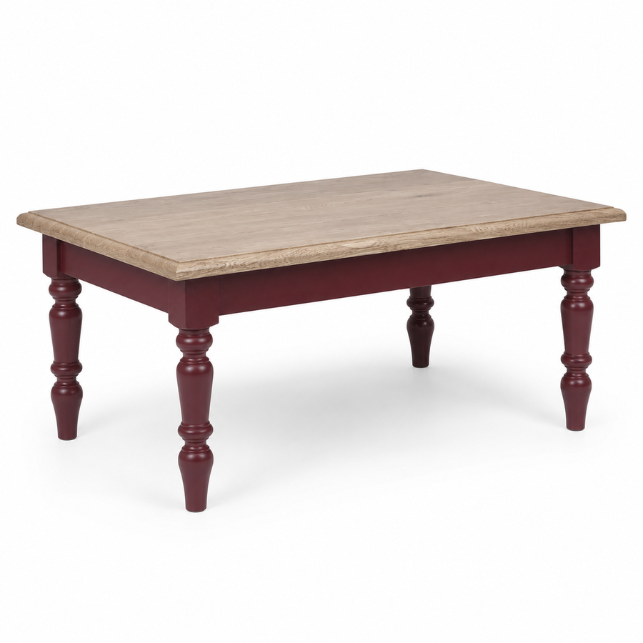 Pomerol coffee table in bordeaux with oak top, three-quarter angle view
