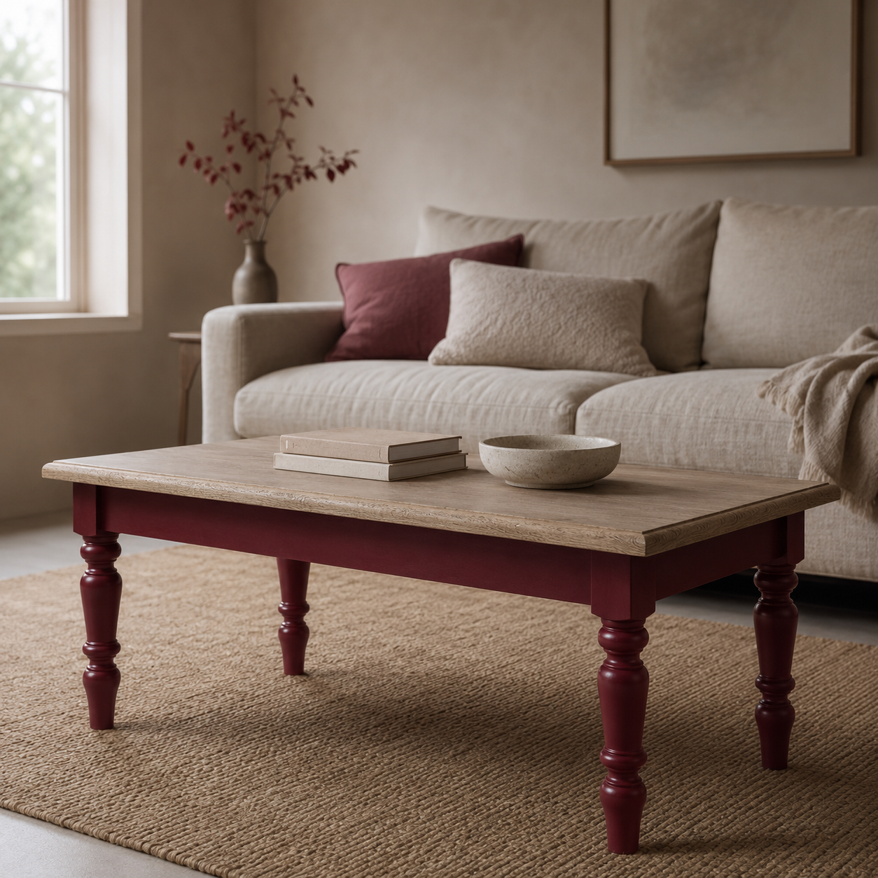 Pomerol coffee table in bordeaux with oak top styled in a living room