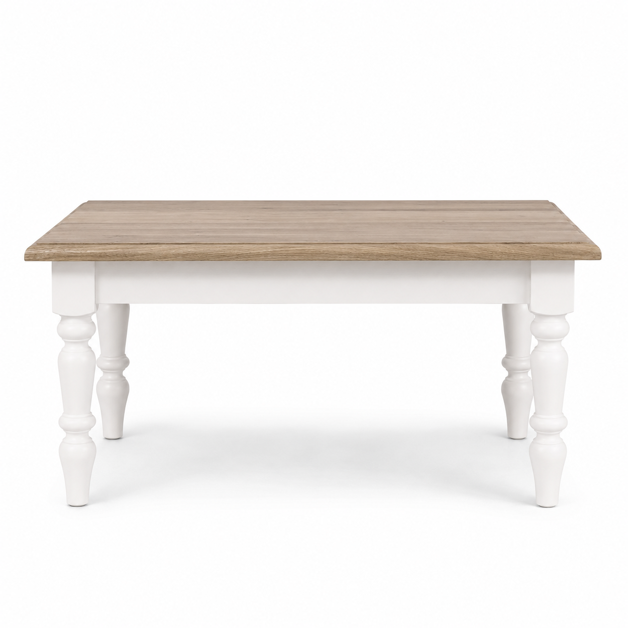 Pomerol coffee table in white with a solid oak top, front view on white background