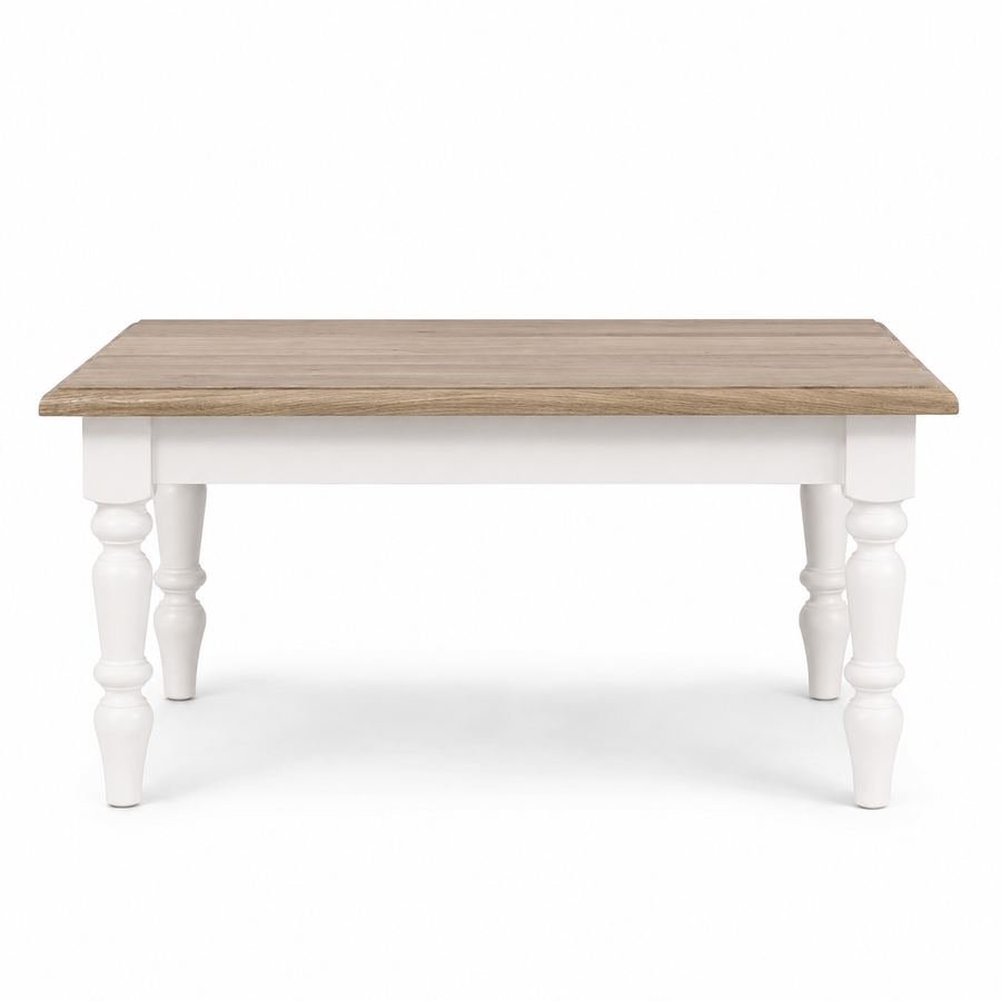 Pomerol coffee table in white with a solid oak top, front view on white background