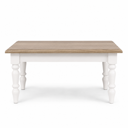 Pomerol coffee table in white with a solid oak top, front view on white background