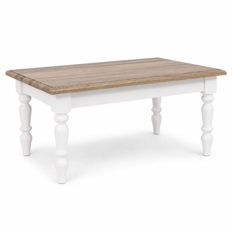 Pomerol coffee table in white with a solid oak top, three-quarter angle view