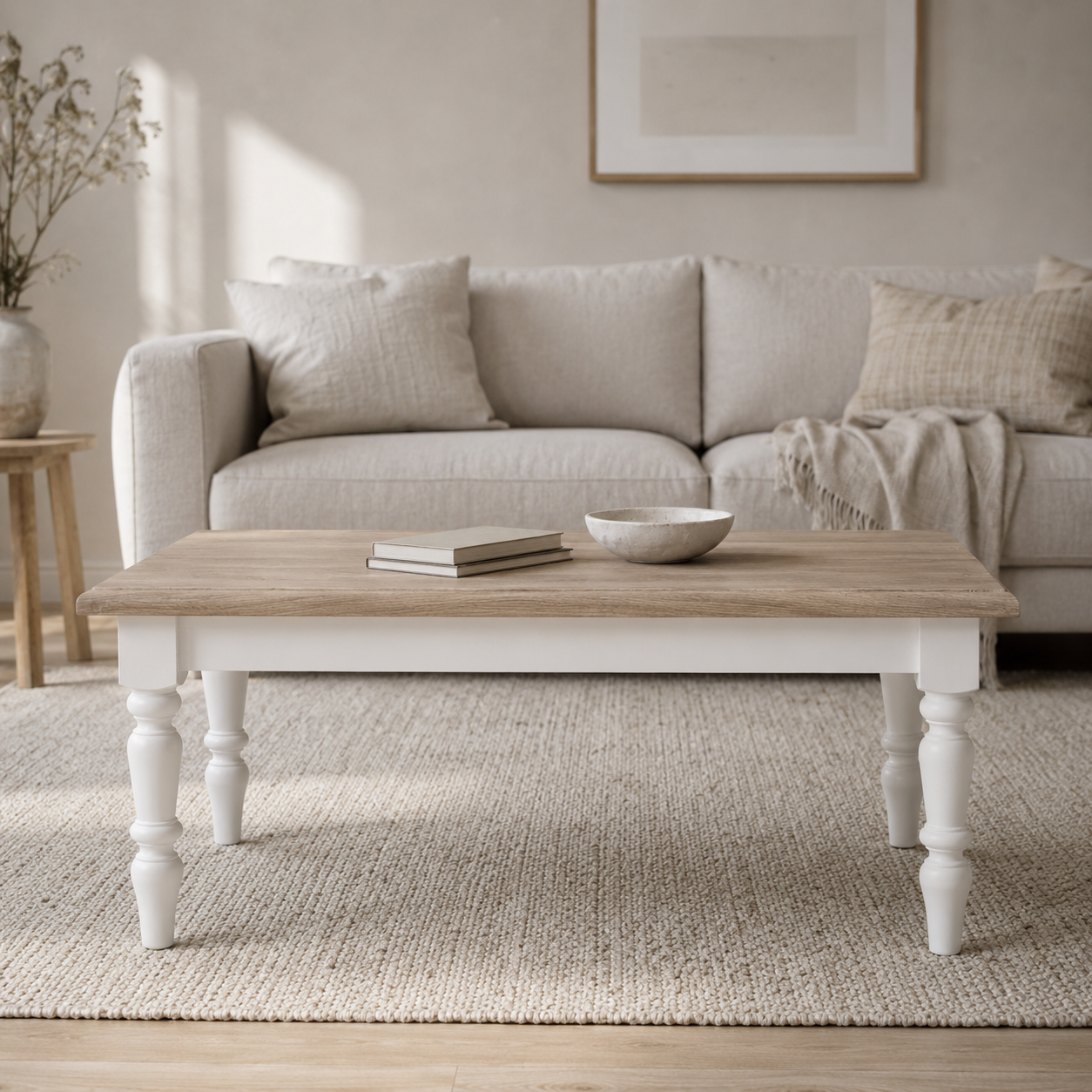 Pomerol coffee table in white with a solid oak top styled in a living room